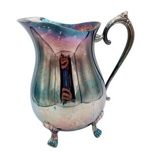 Leonard Silver Plate Water Pitcher 8.25” Footed Patina Ornate Handle Vintage